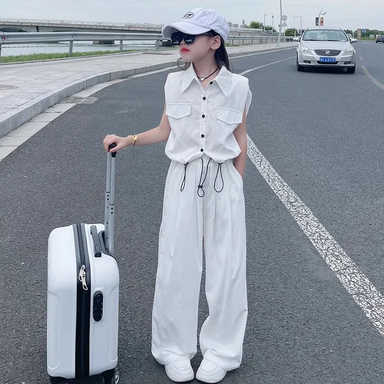 女童翻领无袖衬衫夏2024新款洋气儿童时尚宽松直筒阔腿裤两件套