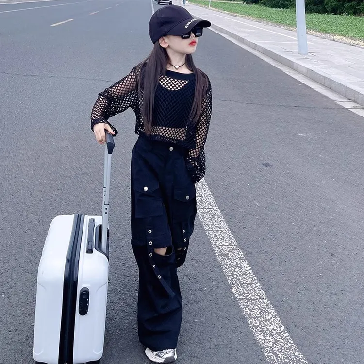 女童甜辣薄款针织吊带防晒罩衫夏2025新款休闲阔腿工装裤两件套潮