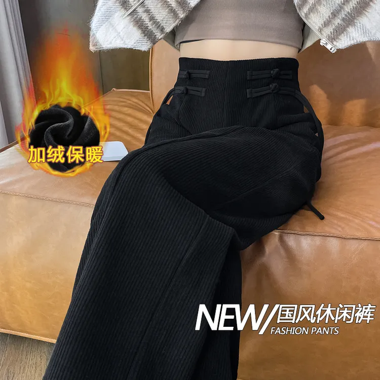 春秋冬季中式盘扣加绒防寒雪尼尔尔阔腿裤小个子显瘦窄版休闲裤子