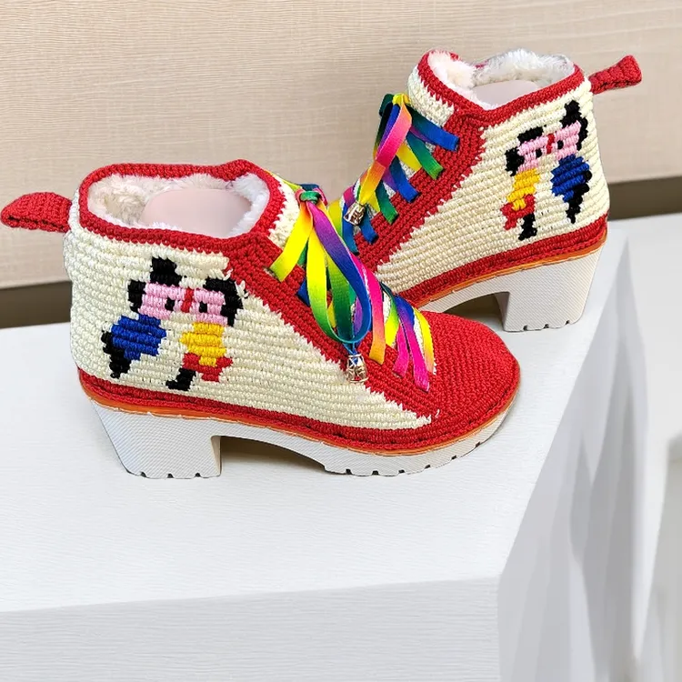 冬款纯手工钩织加绒时尚休闲鞋马丁靴