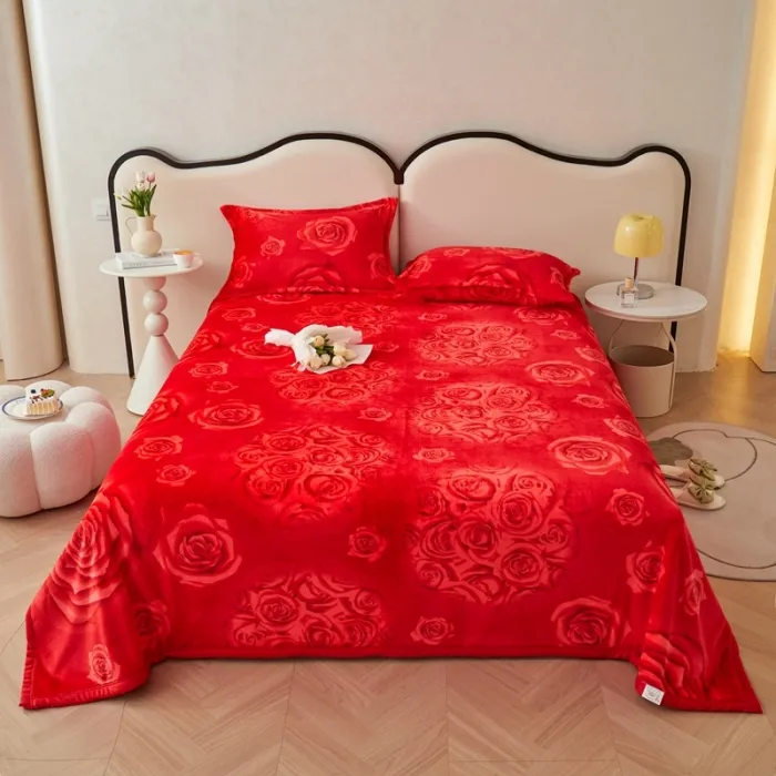 大红色牛奶绒床单单件加绒法兰绒毛毯被单双人冬季双面绒单人垫单