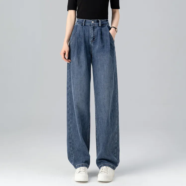 早春韩系穿搭复古蓝牛仔裤2026新款裤子女设计感小众阔腿裤直筒裤