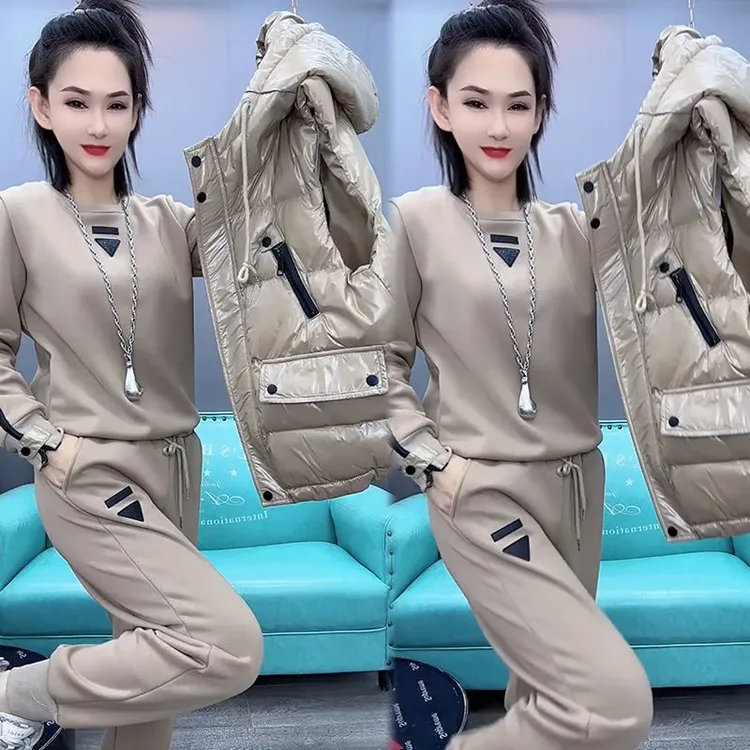 2024秋冬加绒加厚新款马甲卫衣套装女宽松大码气质遮肉简约三件套