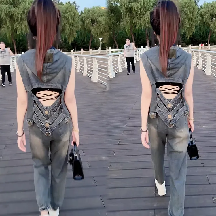 2024时尚牛仔套装女秋季新款ins宽松大码马甲长裤网红显瘦两件套