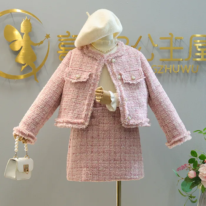 女童小香风套装2025新款秋冬加棉半身裙两件套儿童小女孩童装时髦