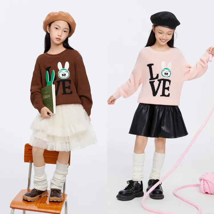 安奈儿童装女童圆领字母提花毛衣冬装洋气萌兔绣章毛衫EG344170