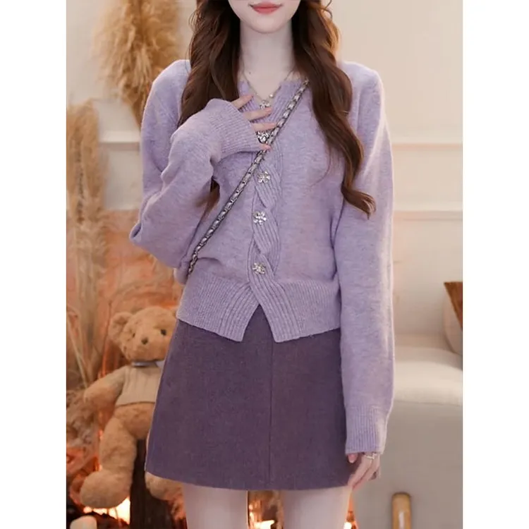 9796紫色麻花针织衫女2024秋冬新款毛衣开衫法式温柔百搭显瘦上衣