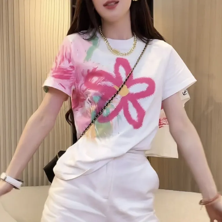 2025夏季新款设计感花朵扎染印花短袖T恤宽松百搭时尚显瘦上衣潮