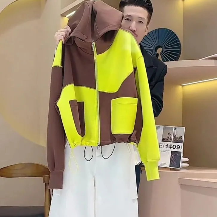 9795拼色时尚设计感拉链连帽卫衣2024秋季新款宽松显瘦上衣外套潮