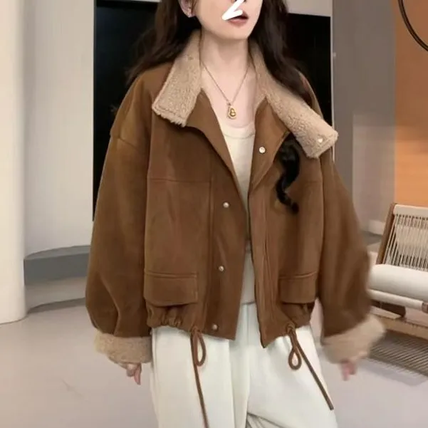 8164美拉德加厚短款羊羔绒外套女2024冬季新款小个子立领修身上衣