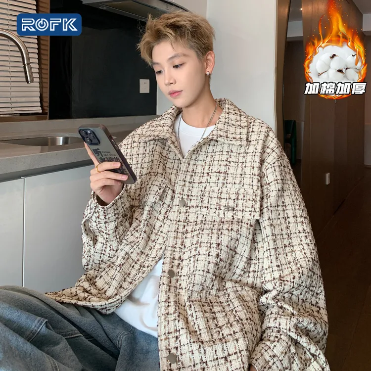 ROFK小香风格子外套男士翻领秋冬季2024年新款高级感宽松休闲夹克
