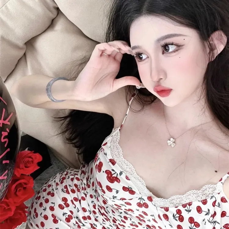 奶欲风性感蕾丝花边印花V领包臀短裙辣妹无袖露背吊带背心连衣裙