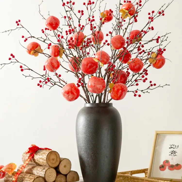 仿真柿子果实树枝柿柿如意插花摆件高档年宵花束客厅装饰干花摆设