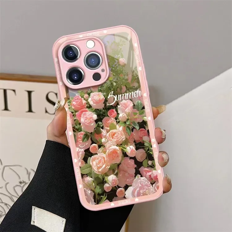 粉玫瑰花丛玻璃手机壳适用苹果14/13华为OPPO红米VIVO少女保护套