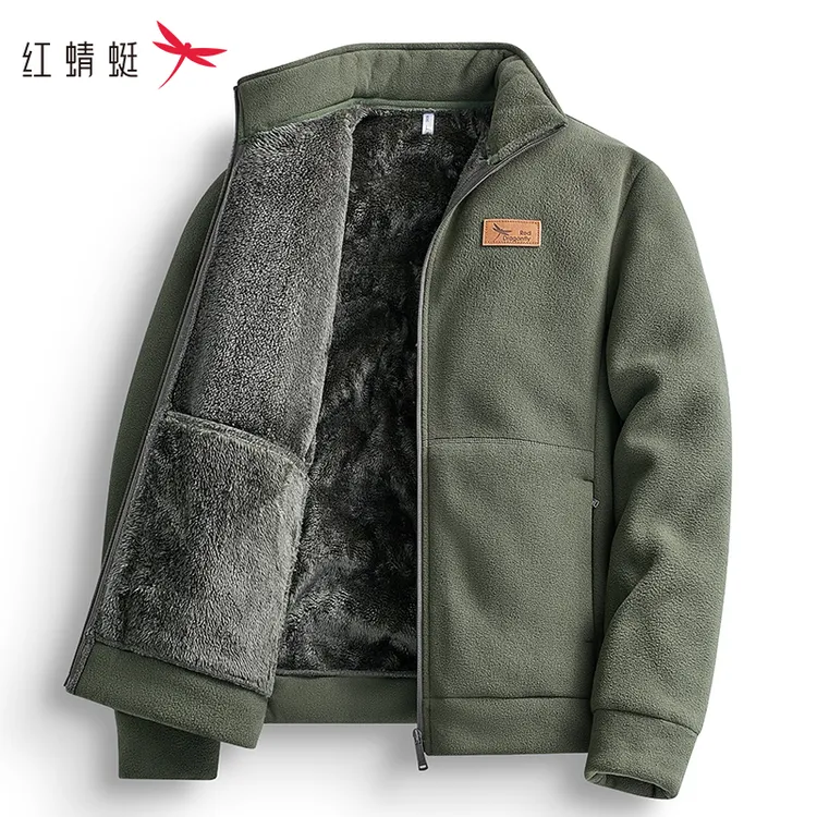 红蜻蜓摇粒绒外套男2024新款秋冬季加绒加厚重磅立领中老年爸爸装
