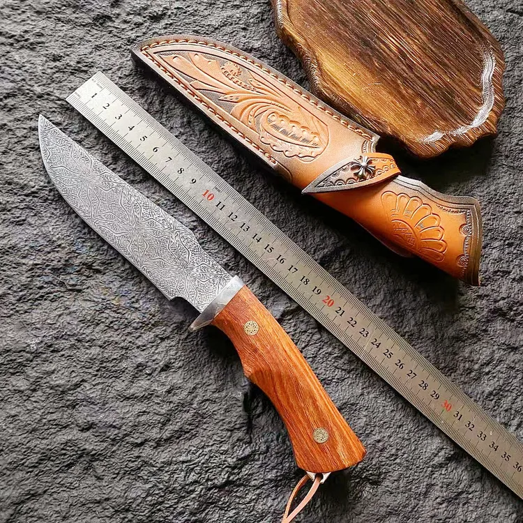 （新疆包邮）新款名刀  大马士革纹手工雕刻户外高硬度多功能小刀