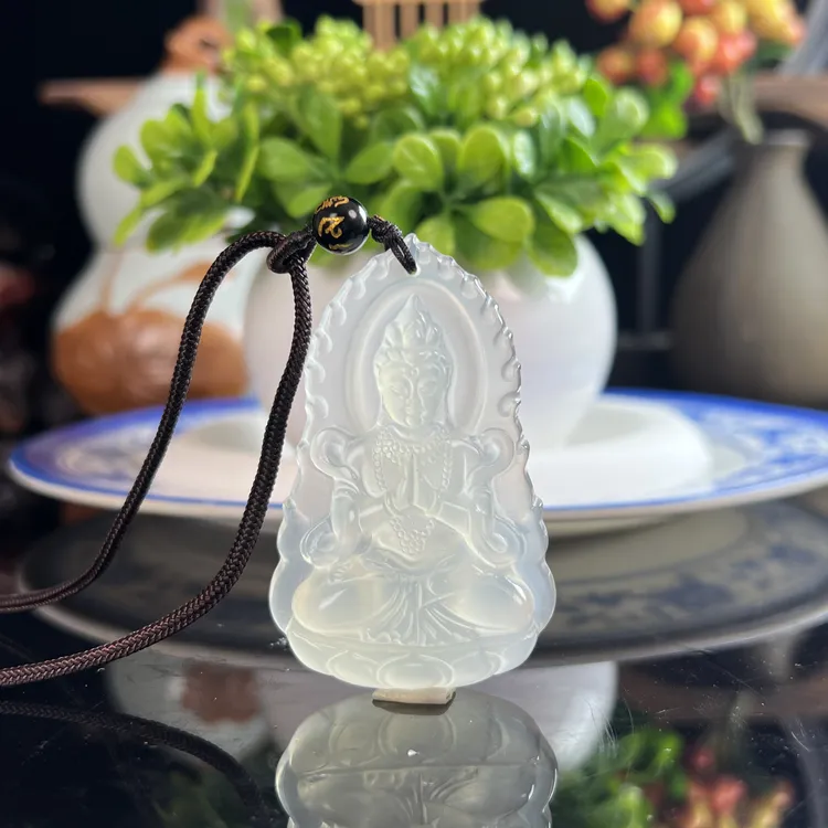 天然玉髓火焰边观音吊坠观音挂件项链男女款白玛瑙精雕守护神坠链