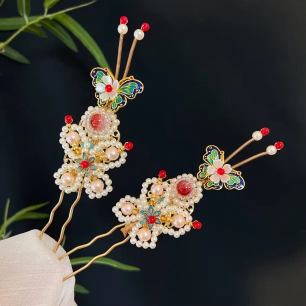 多宝米珠蝴蝶发钗古风汉服头饰发饰新中式旗袍流苏仙女簪子发夹