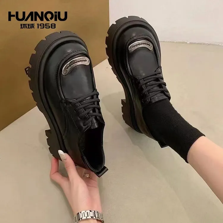 环球乐福鞋女新款休闲小皮鞋百搭英伦风厚底增高单鞋