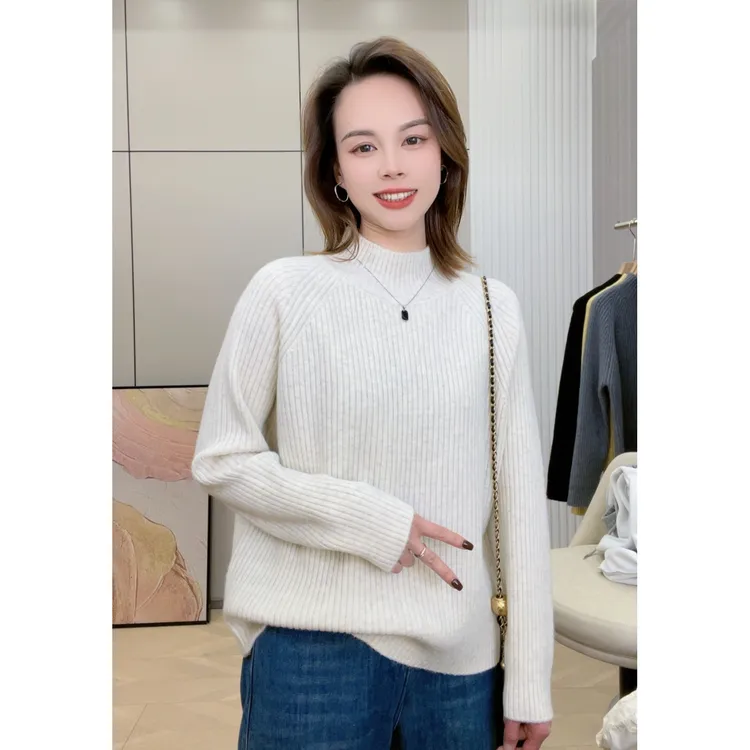半高领厚毛衣宽松慵懒竖坑条洋气纯色秋冬新款女装针织衫加厚上衣