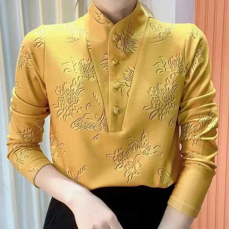 冬季新款中领印花气质百搭时尚长袖减龄加绒打底衫上衣女新中式