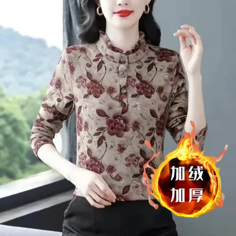 2025秋冬新款加绒加厚款打底衫时尚中年女装长袖T恤小衫保暖上衣