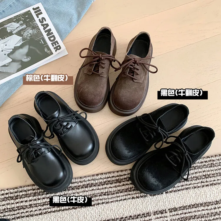 时尚大头~2025春季美拉德棕色单鞋低帮鞋女圆头乐福鞋厚底小皮鞋