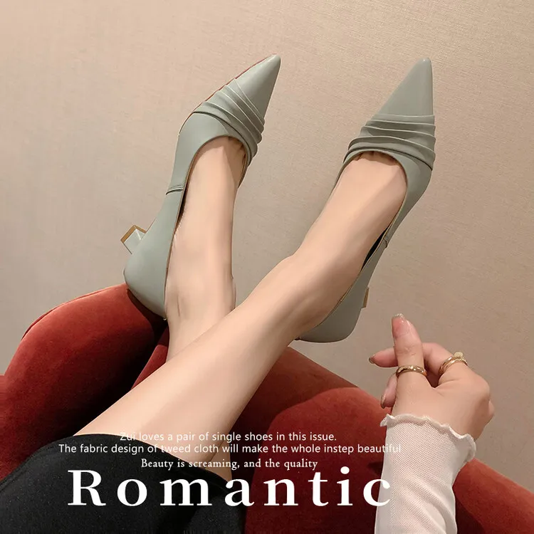 时尚气质~2025春夏新款真皮浅口女单鞋尖头网红轻奢中跟低帮女鞋