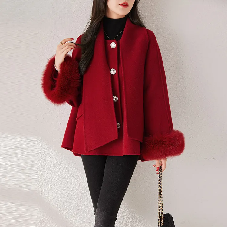 红色短款小香风羊毛呢外套女秋冬季新款小个子袖口带毛双面呢大衣