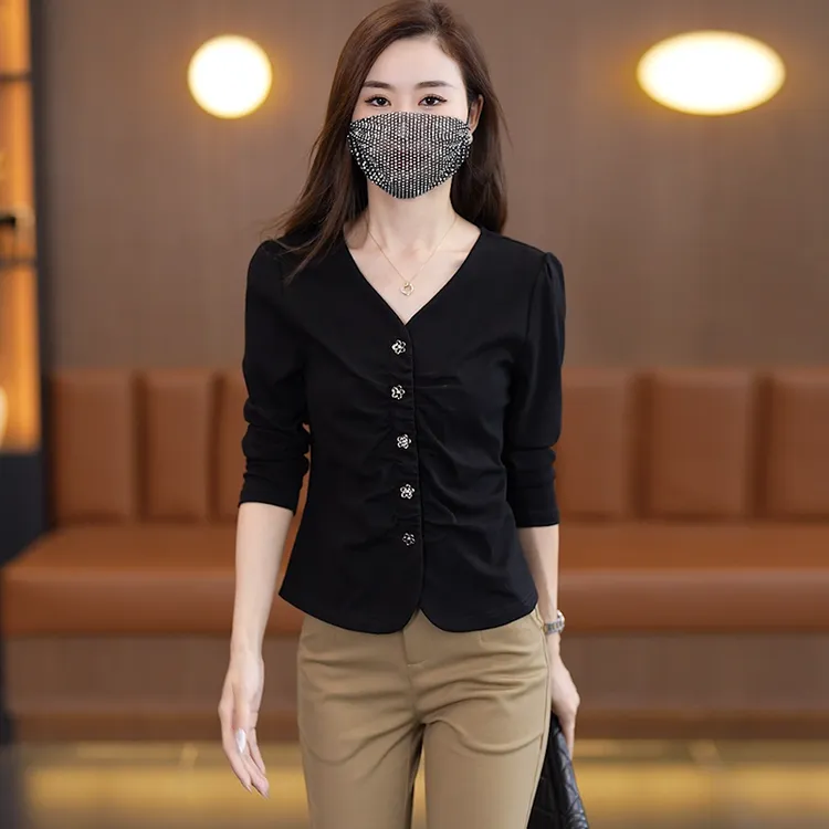 长袖T恤女2024春季新款小个子修身V领上衣设计感小众百搭显瘦小衫