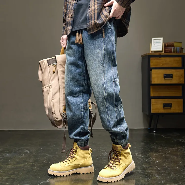 美式复古牛仔裤男士秋冬宽松潮牌拼接束脚裤休闲松紧腰工装哈伦裤