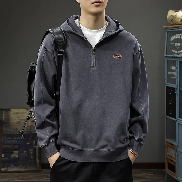 高端380g重磅半拉链连帽卫衣男秋冬百搭长袖时尚美式宽松休闲上衣