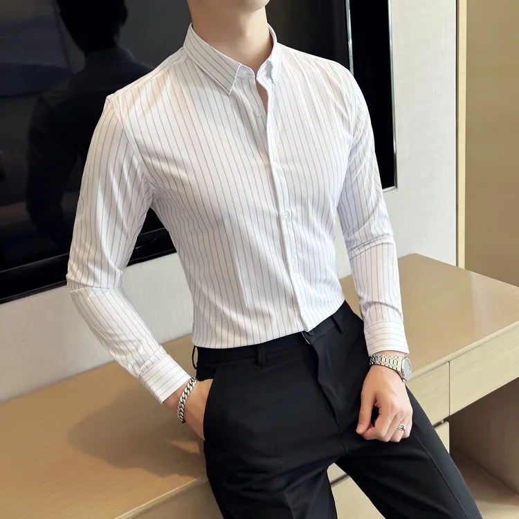 春秋季帅气长袖衬衫男士韩版修身条纹白衬衣潮流帅气寸衫男打底衫