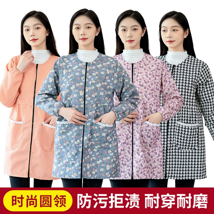 长袖罩衣2024新款围裙成人厨房专用外穿女款圆领耐脏工作服薄款
