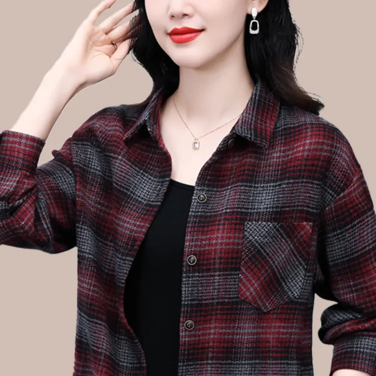 格子衬衫中长款女上衣2023年新款春秋装妈妈棉质衬衣长袖女士外套