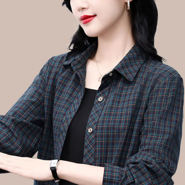 格子长袖衬衫女士外套2024新款春秋装中年妈妈洋气中长款外穿衬衣