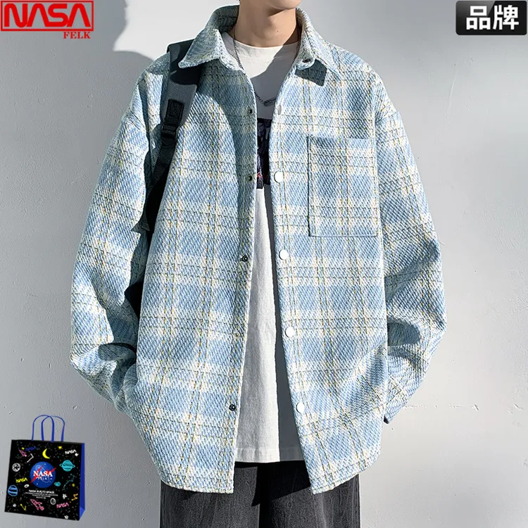 NASA小香风外套男春秋款高级感千鸟格子潮牌衬衫翻领痞帅夹克褂子