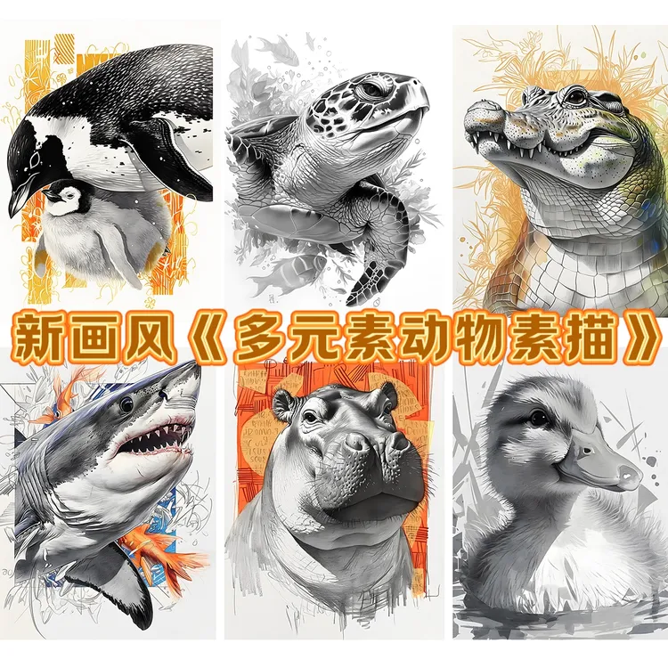 新品新画风《多元素动物素描》临摹卡A5单面32张临摹卡少儿