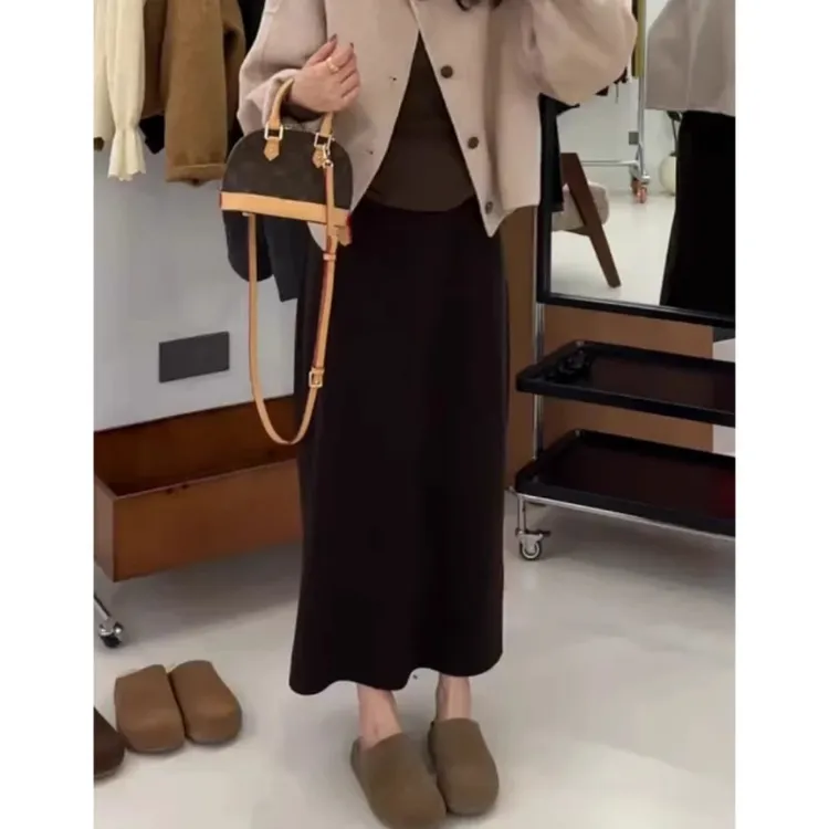 毛呢纸片裙女秋冬大码胖妹妹高腰显瘦中长款A字开叉半身裙子半裙