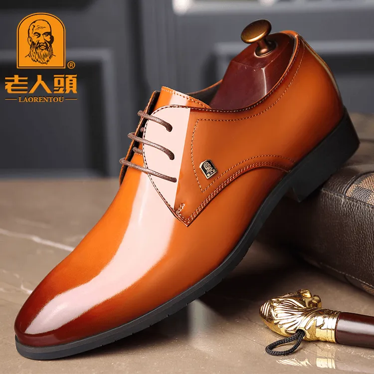 老人头男鞋真皮春季商务正装皮鞋男士透气韩版系带尖头漆皮男婚鞋