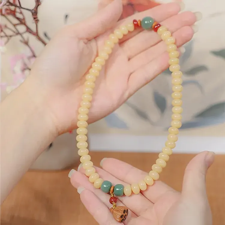奶白菩提根双圈黄白色手串算盘珠莲蓬手持男女百搭文玩盘玩佛珠串