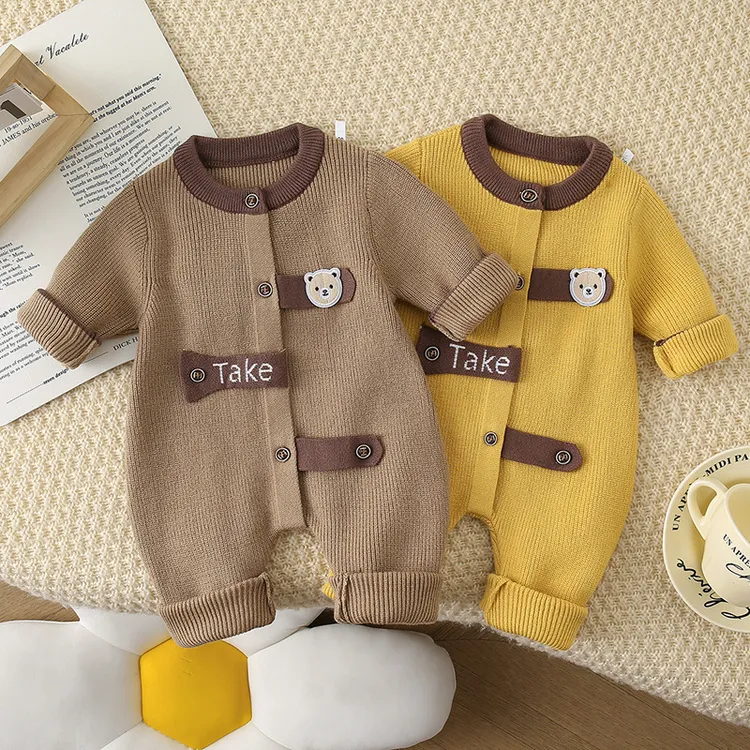 婴儿针织衫连体衣长袖毛线衣爬服男宝宝秋季哈衣幼儿衣服圆领保暖