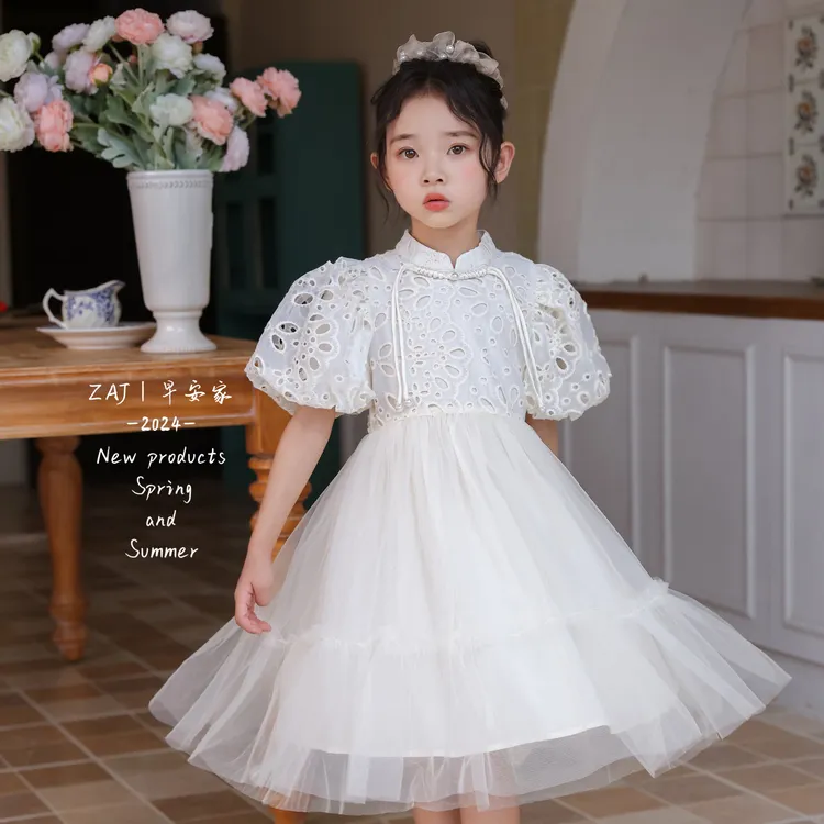 连衣裙中大童国风公主裙2024夏季新款女童网纱连衣裙儿童蕾丝