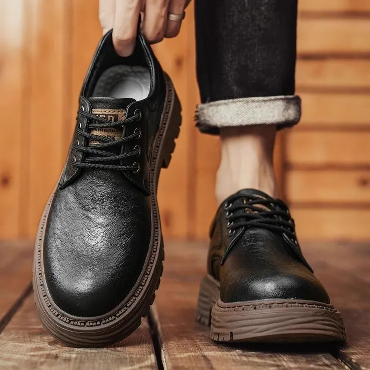 男鞋2024新款透气百搭英伦休闲皮鞋男士真皮防滑厚底低帮工装潮鞋