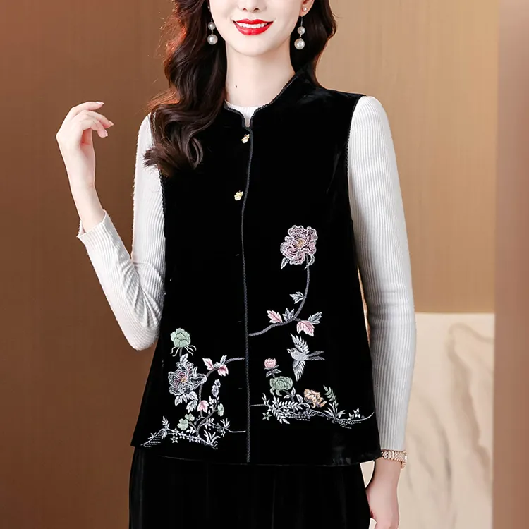 新中式国风刺绣夹棉马甲背心女冬季新款高档金丝绒复古气质坎肩潮