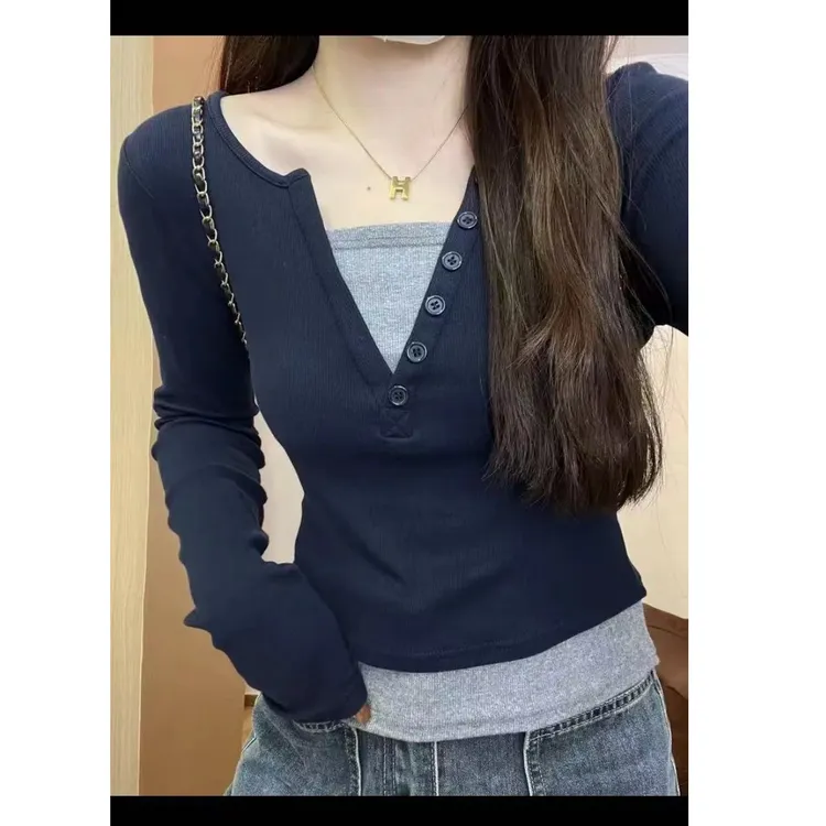 早秋新款修身假两件拼接上衣撞色休闲百搭长袖T恤上衣女