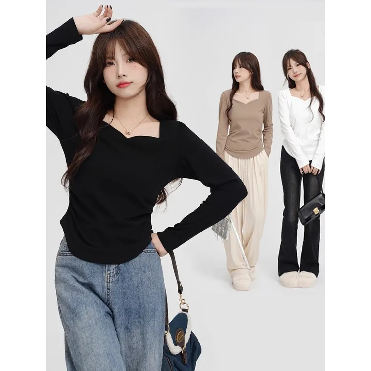 2023秋季新款大码女装胖mm白色方领长袖遮肚子内搭上衣打底衫藏肉