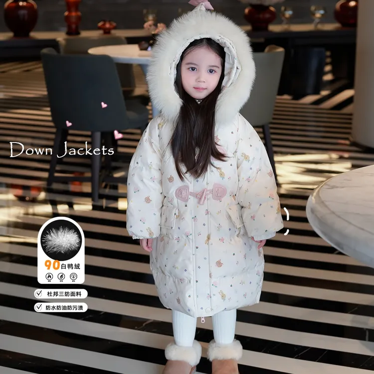 AnnieGirl冬季新款90白鸭绒大毛领可爱甜美卡通女童羽绒服外套