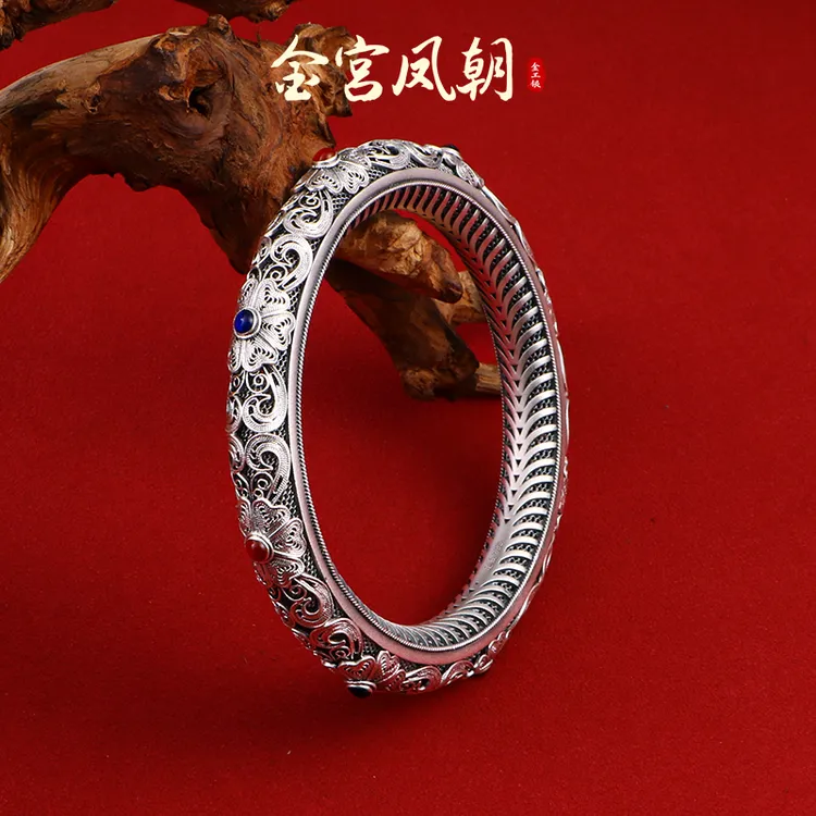 足银珐琅手镯 金宫凤朝 繁花似锦复古手镯经典百搭时尚简约气质
