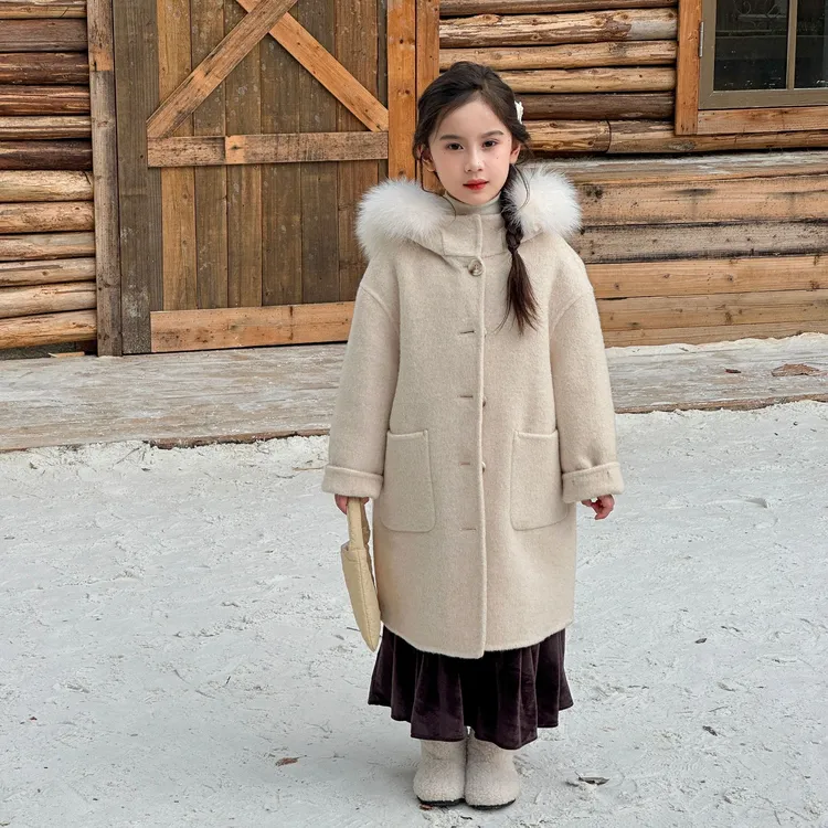 【雪山飞狐】真狐狸毛领亲子装童装双面绵羊毛大衣中长款加厚连帽